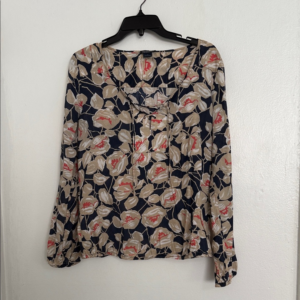 Lucky Brand Navy and Beige Floral Blouse